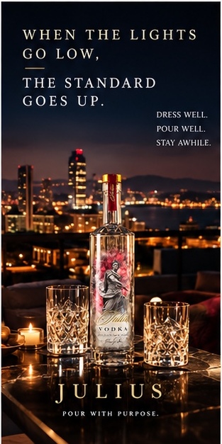 Julius Vodka campaign beside an evening city view